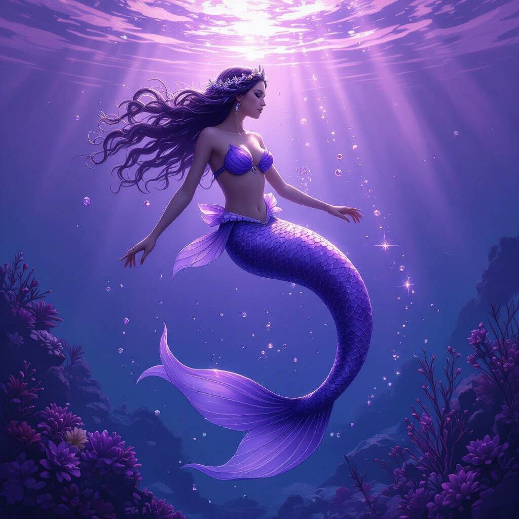 Mermaid Swimming in Healing Violet Ocean, Matte Painting Sty...