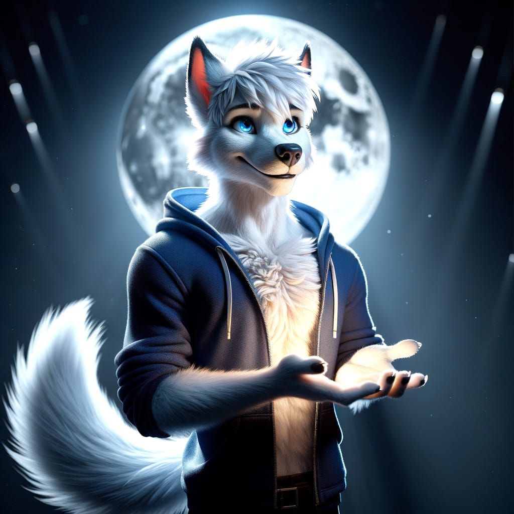 Anthropomorphic White Wolf with Blue Hoodie in Moonlight