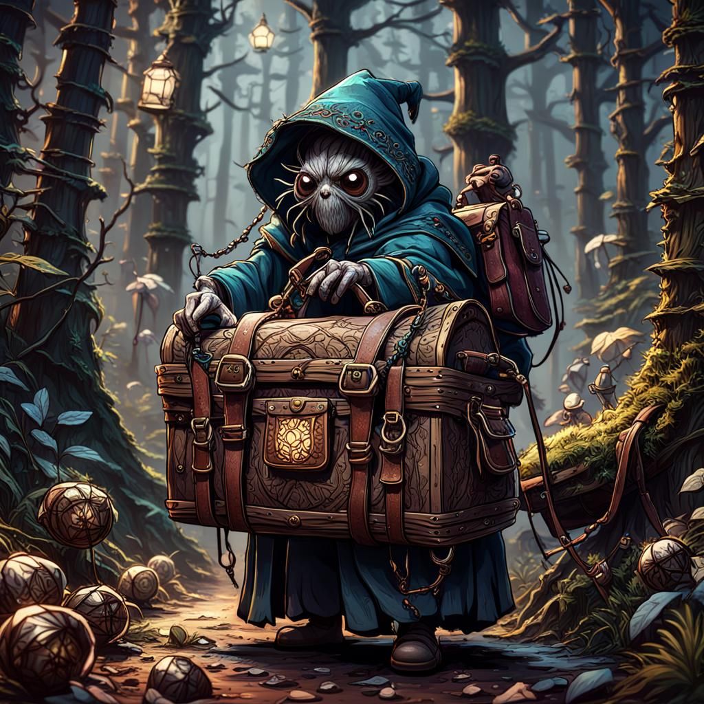 Adorable Spider Peddler in Dark Forest: Fantasy Art