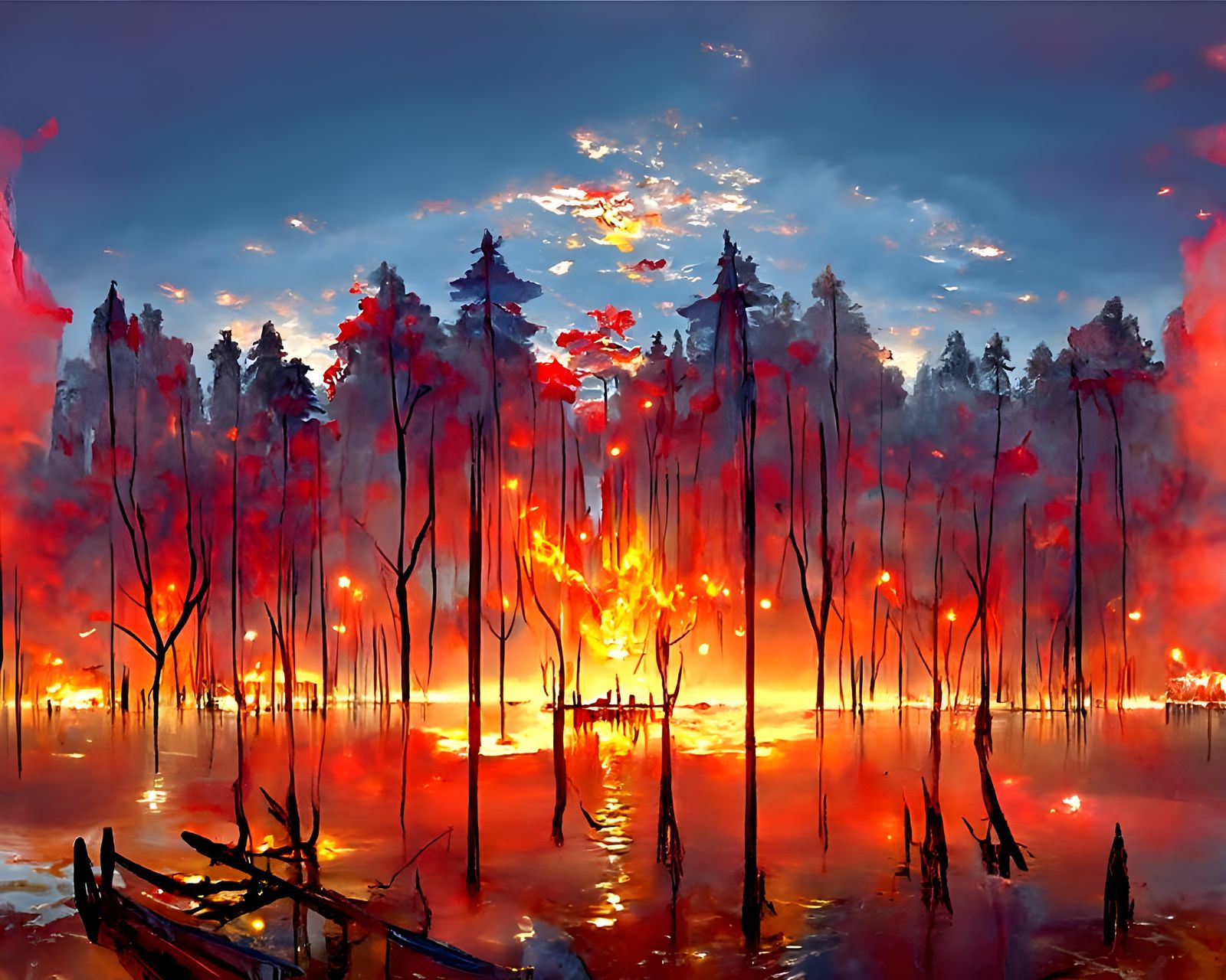 Burning Forest by Lake at Sunset: Digital Art