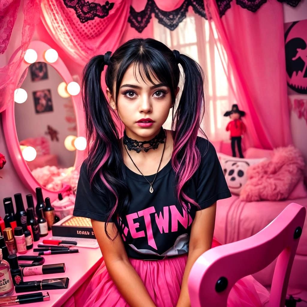 Teen Girl in Girly Goth Bedroom