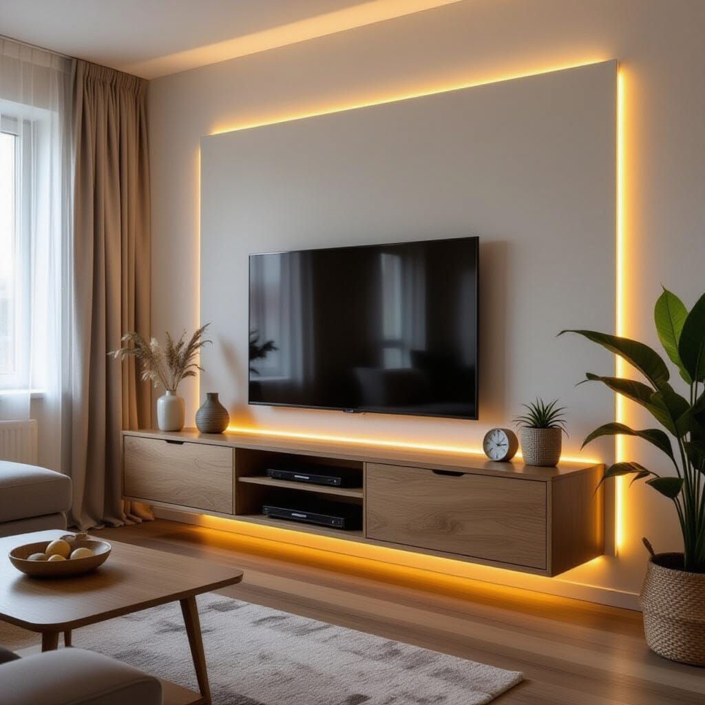 Modern Walnut Floating TV Stand with Integrated LED Lighting