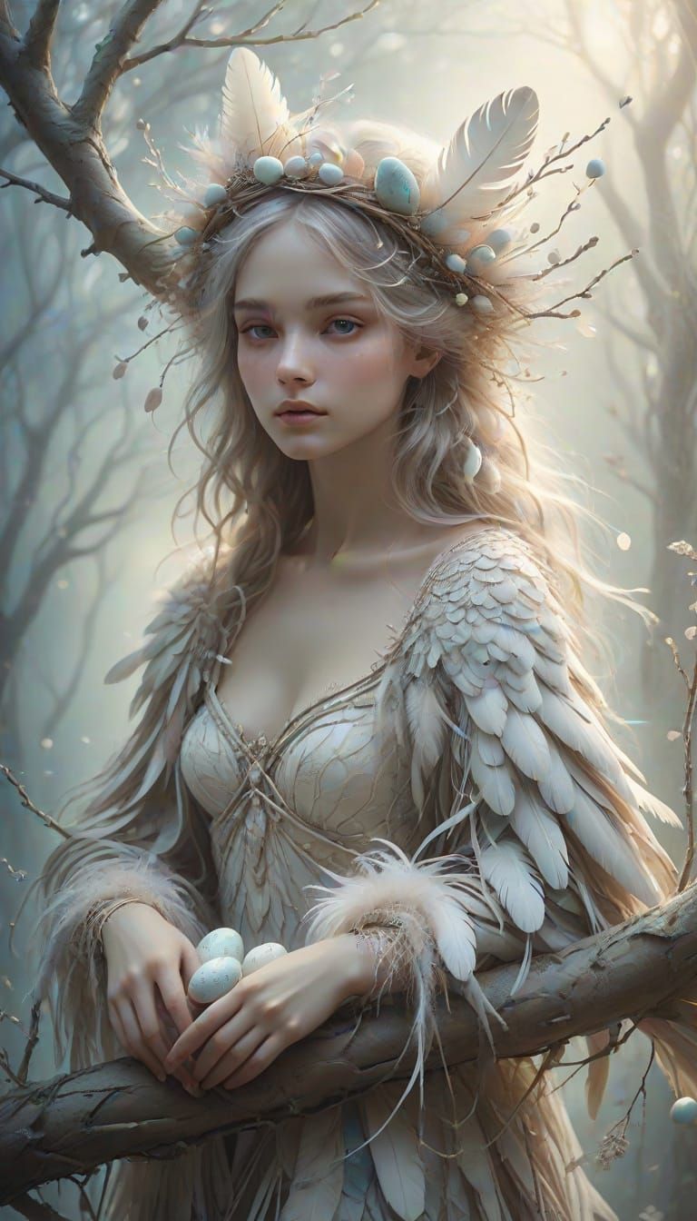Ethereal Fantasy Girl on Branch with Intricate Nest