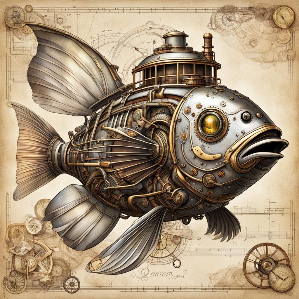 Steampunk Flying Fish Fantasy Illustration
