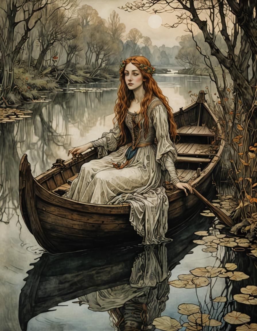 Lady of Shalott in Arthur Rackham Style