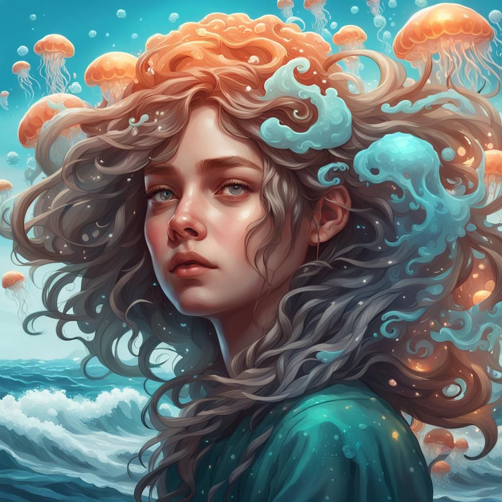 Girl with Jellyfish Hairstyle, Hyperdetailed Art Nouveau