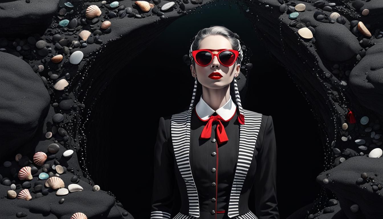 Goth woman Among the sea waves gathering shells, coins, sea ...