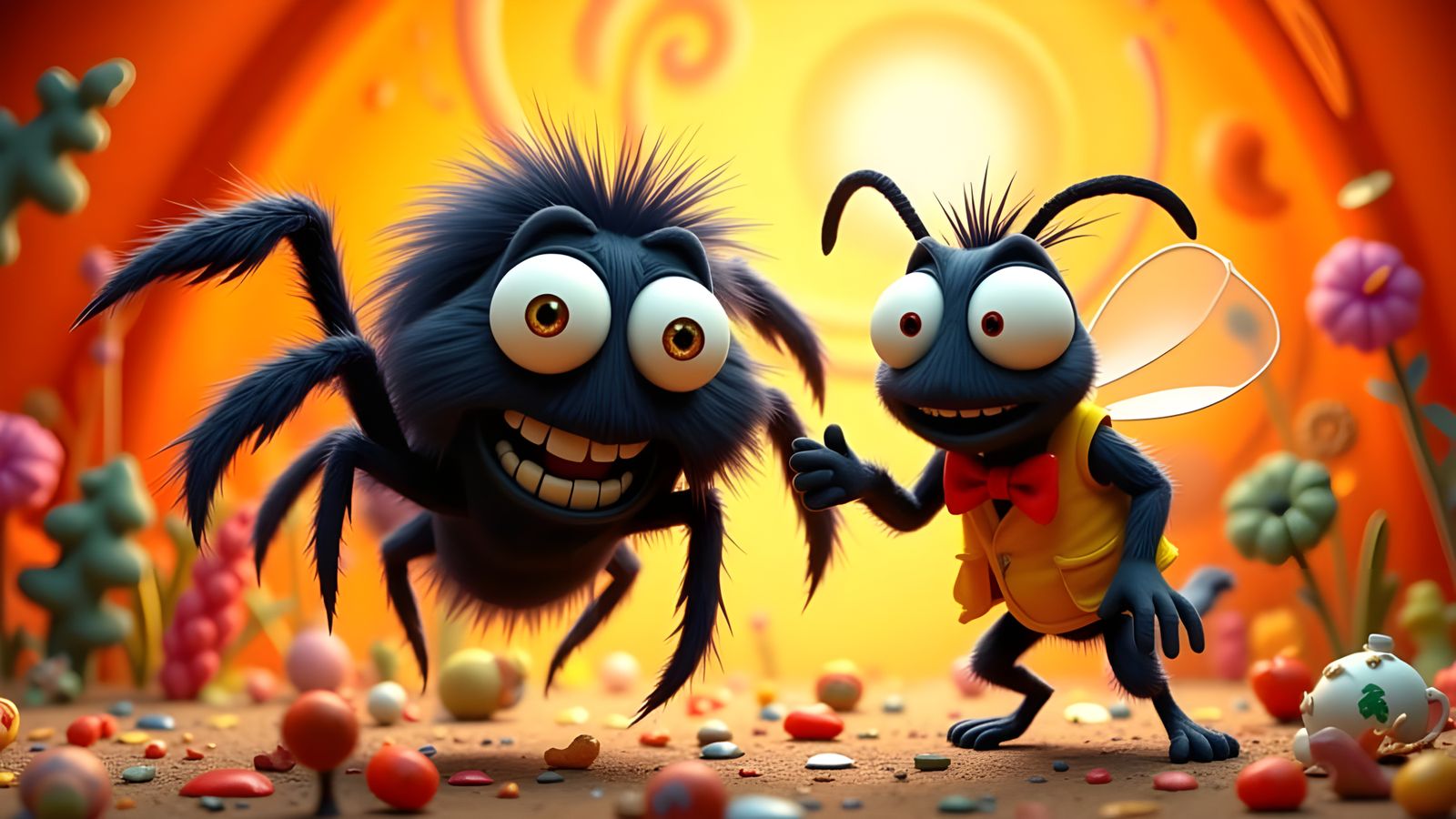 Friendly Spider and Fly High Five in Cartoon Style