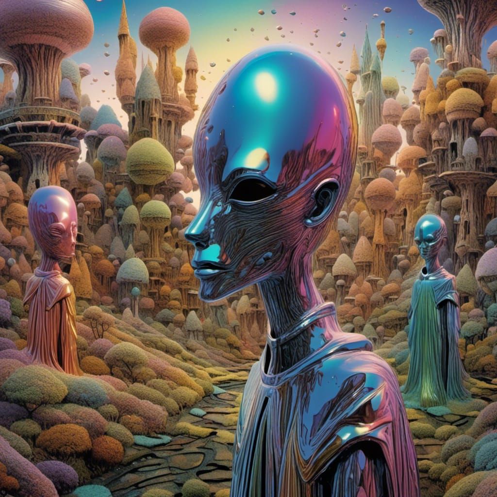 Surreal Alien Statues in Iridescent Dream Garden