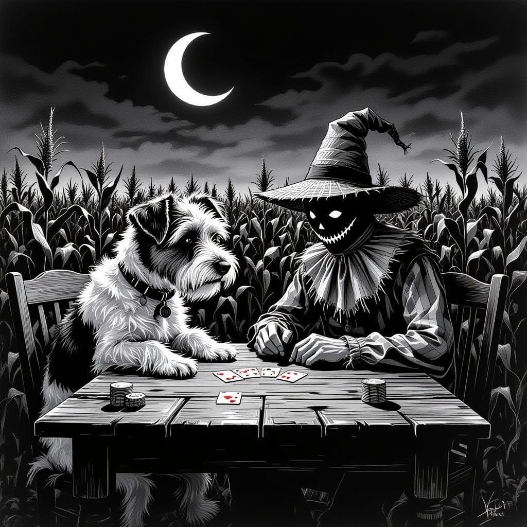 Scarecrow and Dog Play Poker in Eerie Cornfield