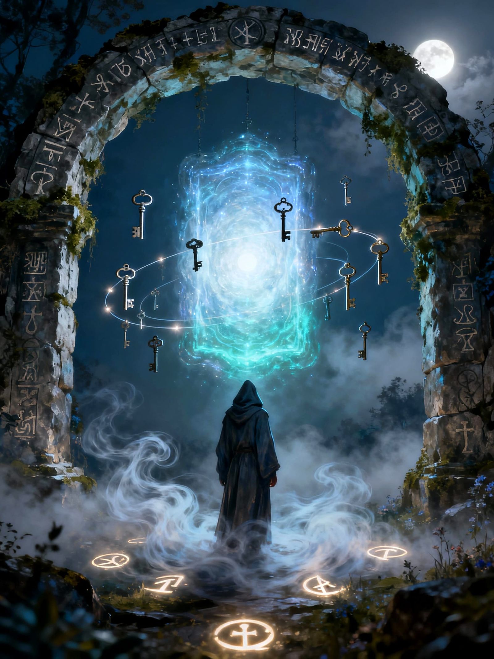 Mysterious Portal Keeper with Floating Keys in Ethereal Mist