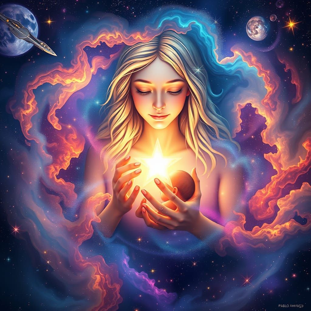 Celestial Mother Cradles Newborn Star in Vibrant Cosmic Land...