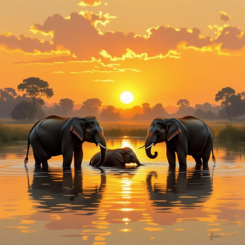 Elephants Bathing at Sunset in Romantic Style