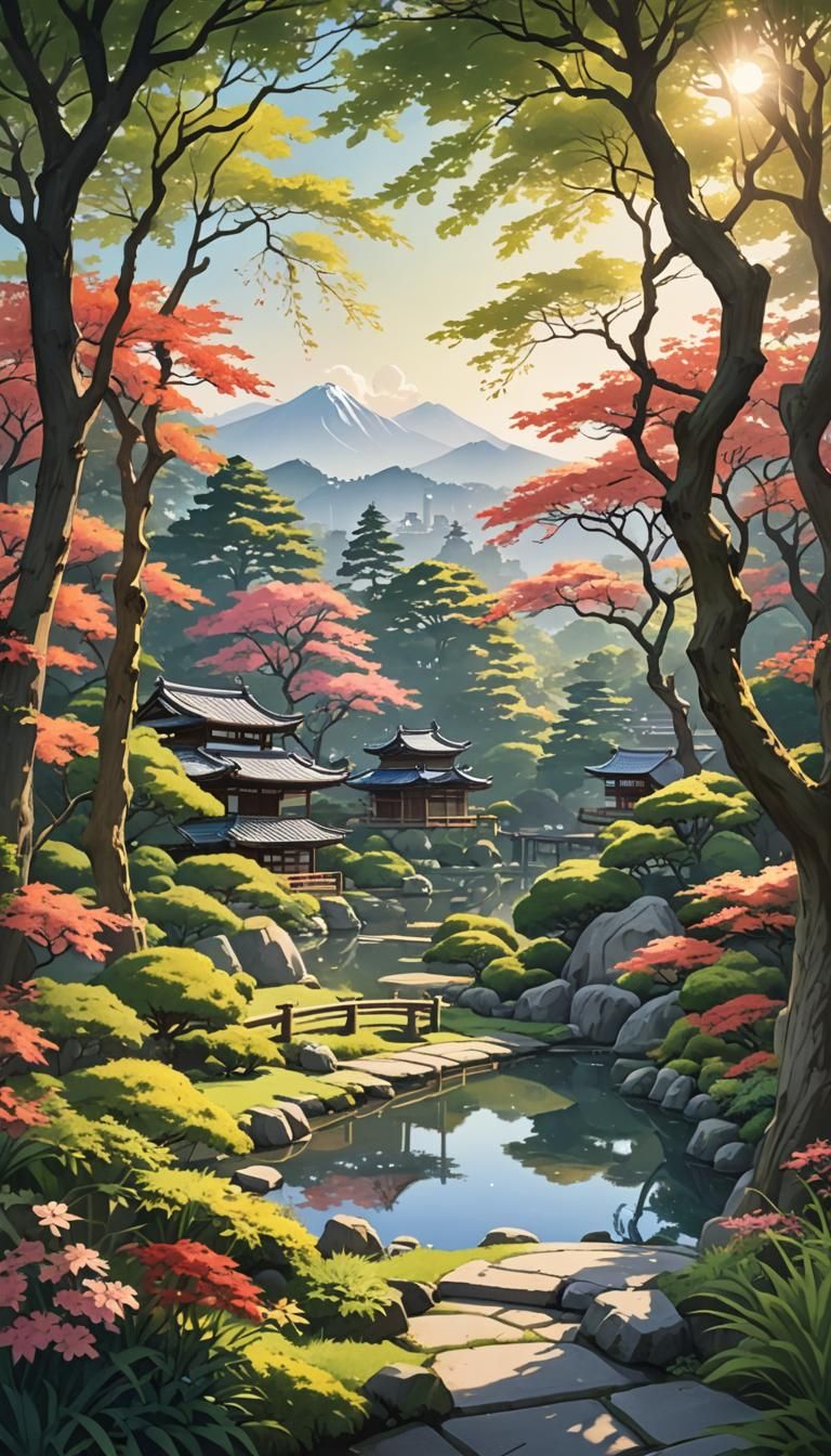 Anime Style Japanese Garden Morning View