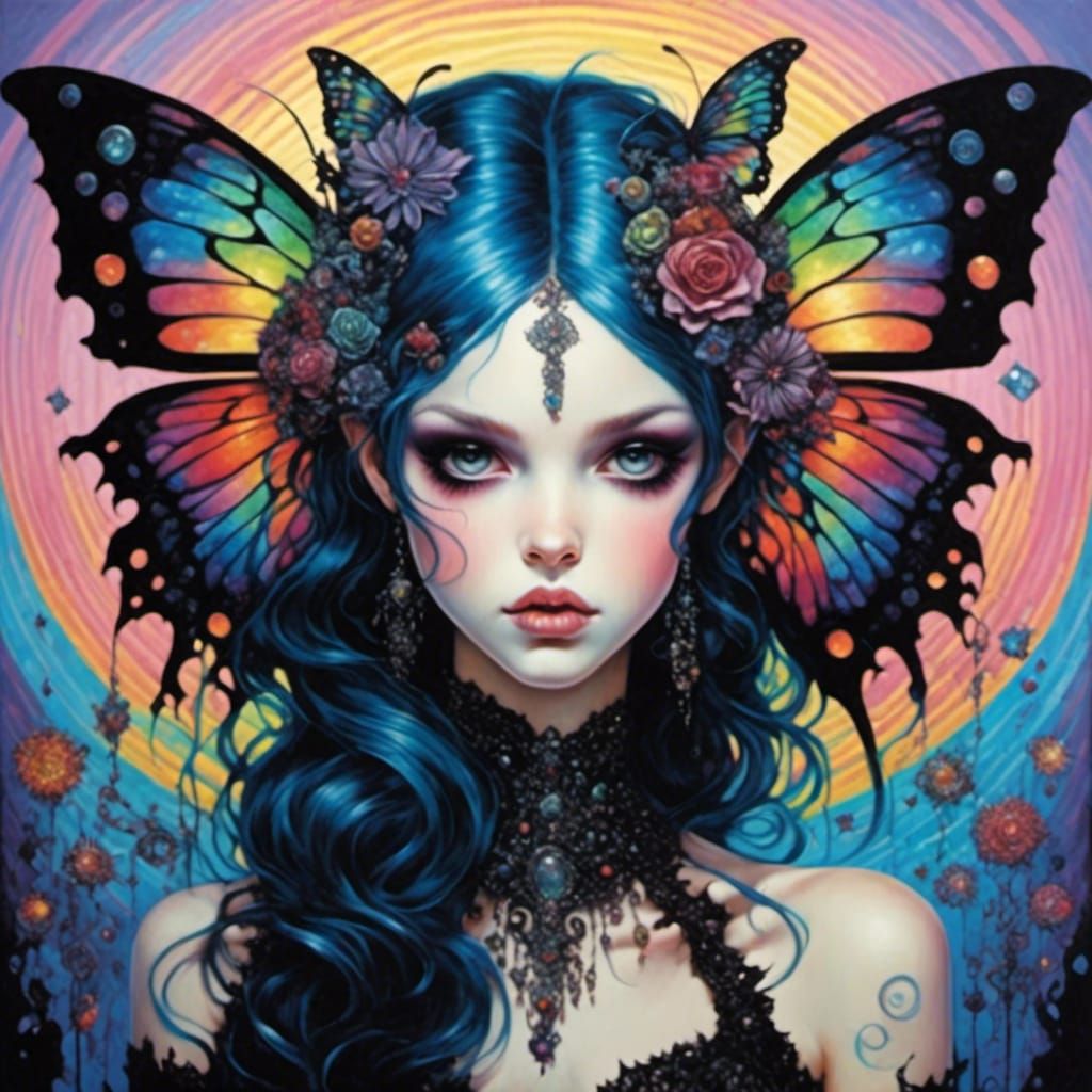Gothic Anime Fairy with Rainbow Butterflies