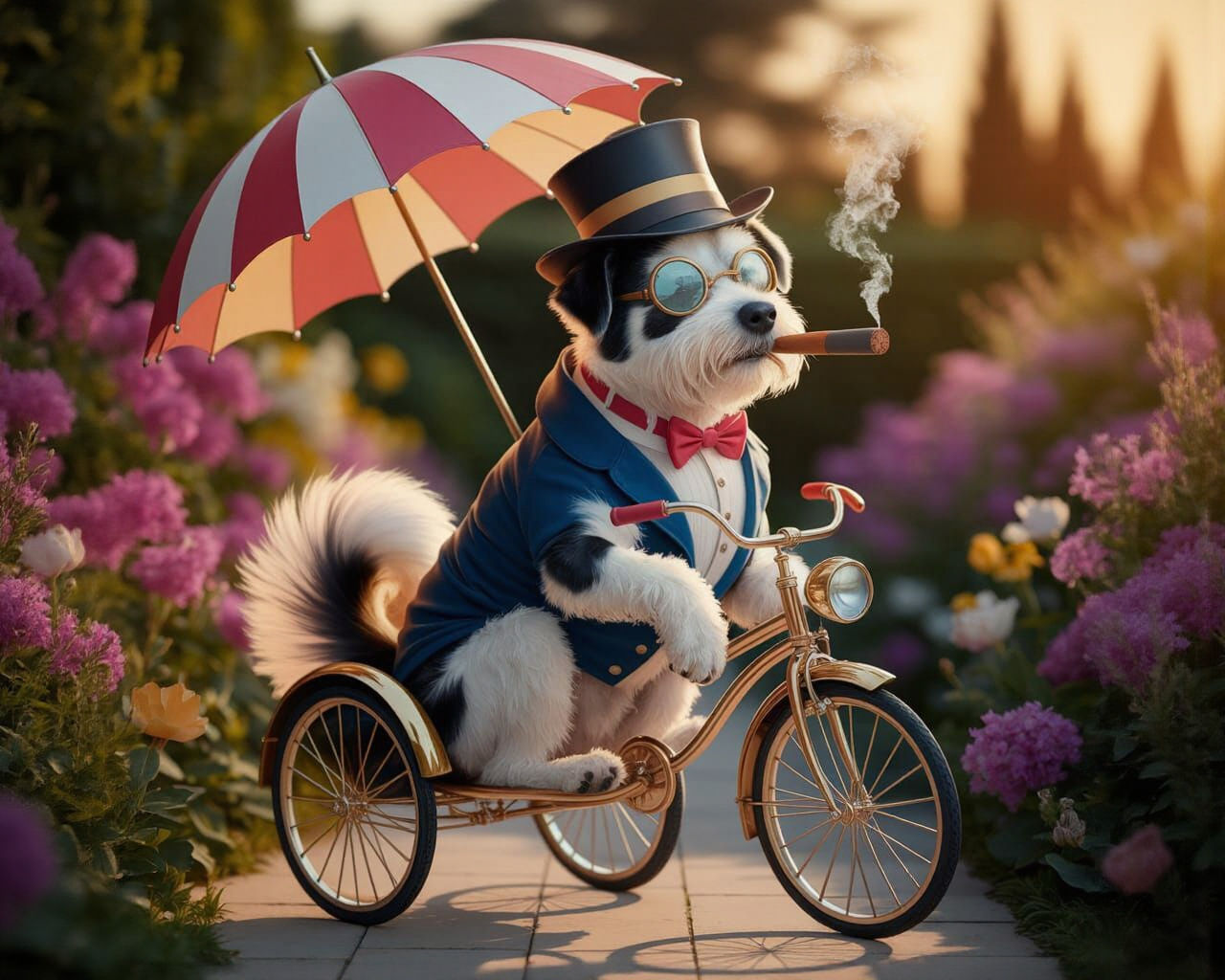 Dog Smoking Cigar on Tricycle in Golden Light