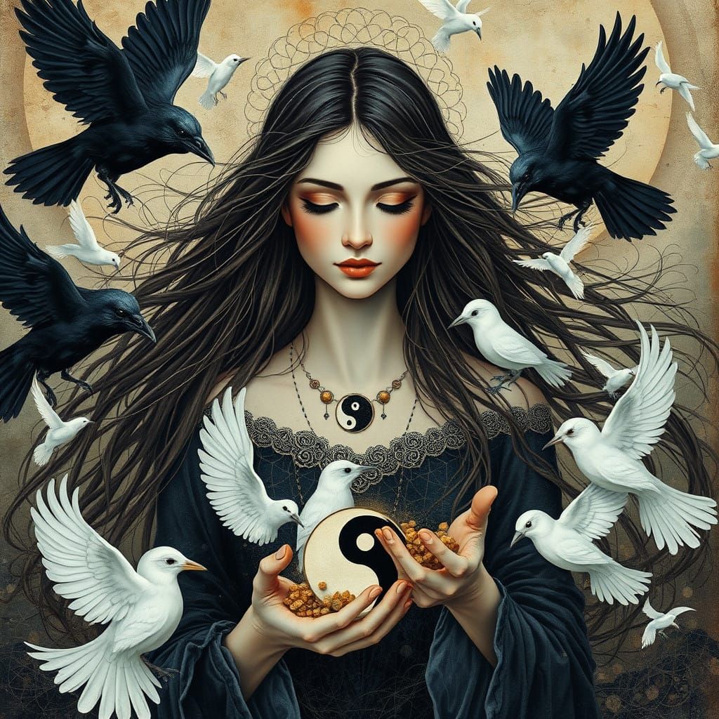 Woman Gathering Yin and Yang Shards with Crows and White Bir...