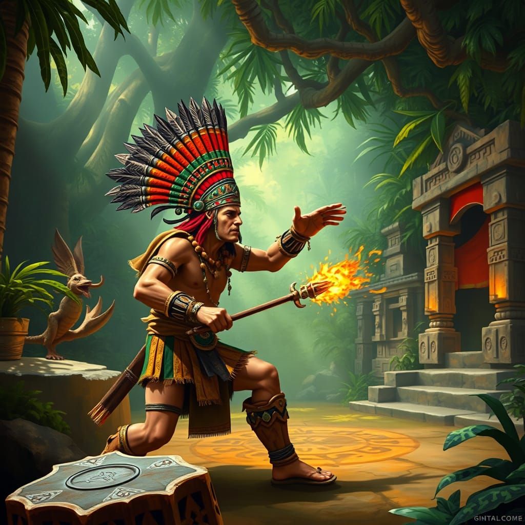 Mayan Warrior Plays Pok-ta-Pok in Jungle Arena