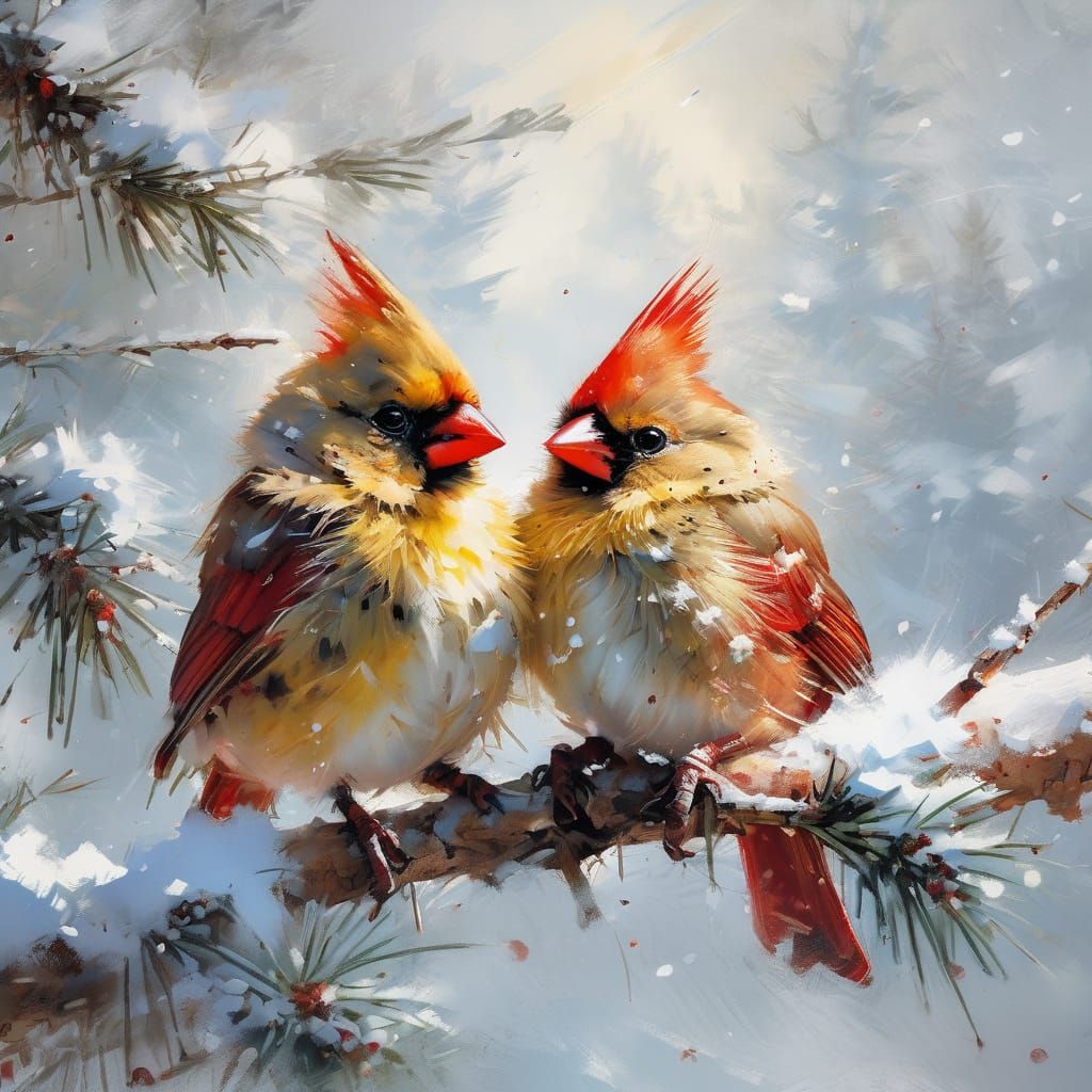 Baby Cardinals on Snowy Pine Branch, Fine Art Painting