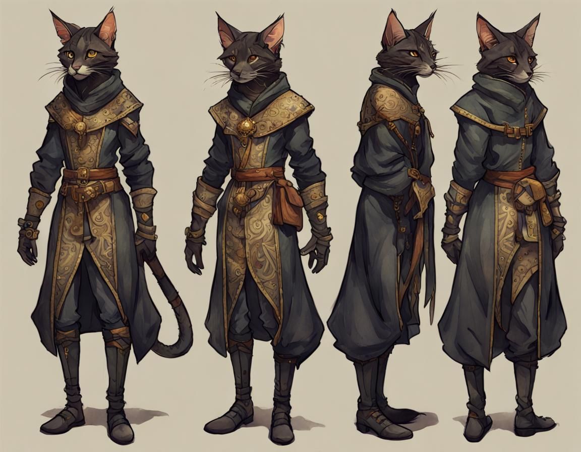 Black Tabaxi Thief Character Design in Watercolor Style