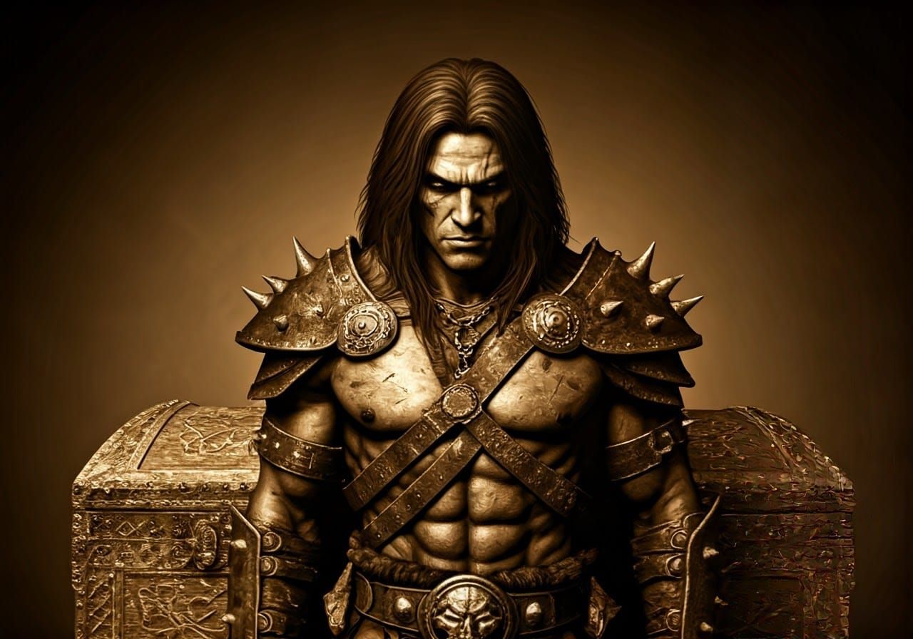 Medieval Fantasy Warrior in Sepia-Toned Illustration