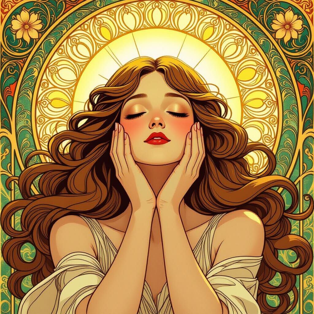 Art Nouveau Woman Shields Face From Blinding Sun