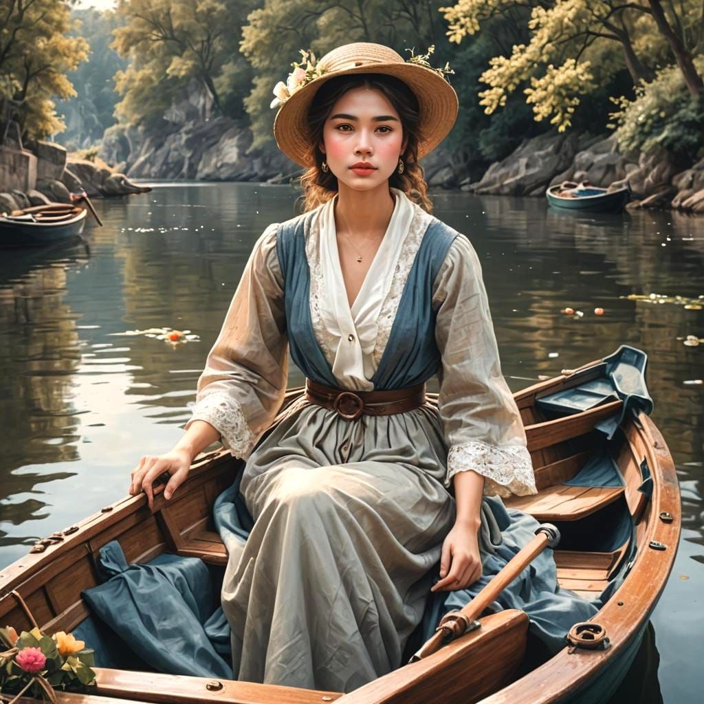 Pretty Lady in a Boat on Calm Waters