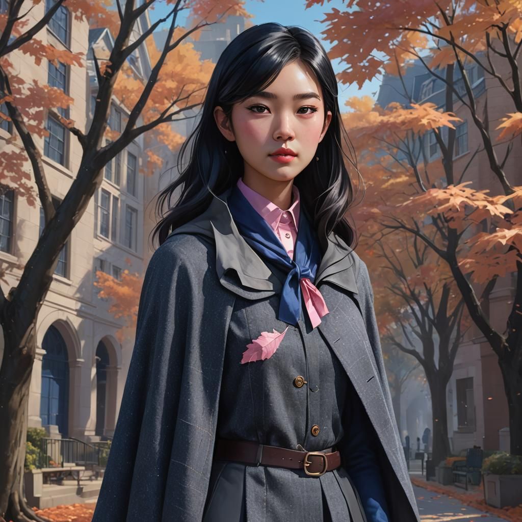 Asian Woman Portrait in Mucha Style with Autumnal Accents