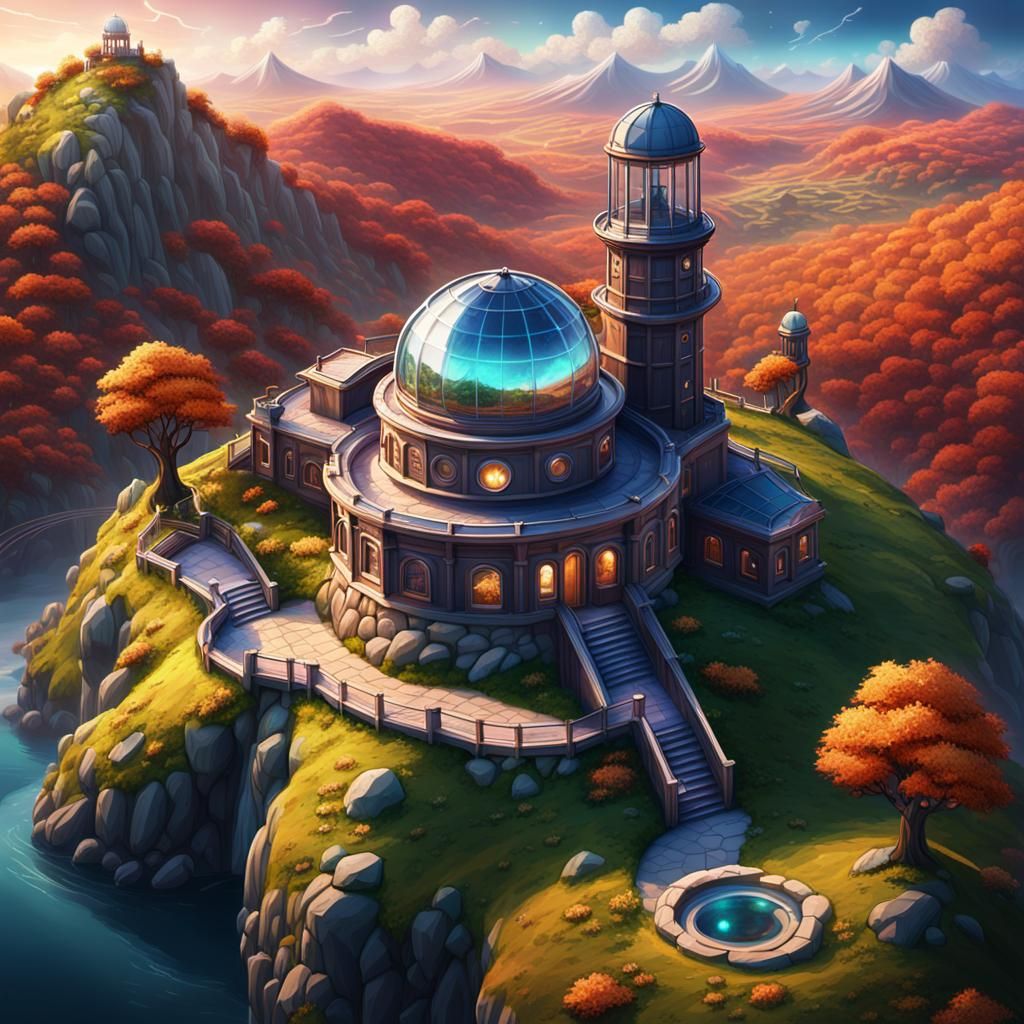 Isometric Cartoon Observatory in Dreamy Landscape