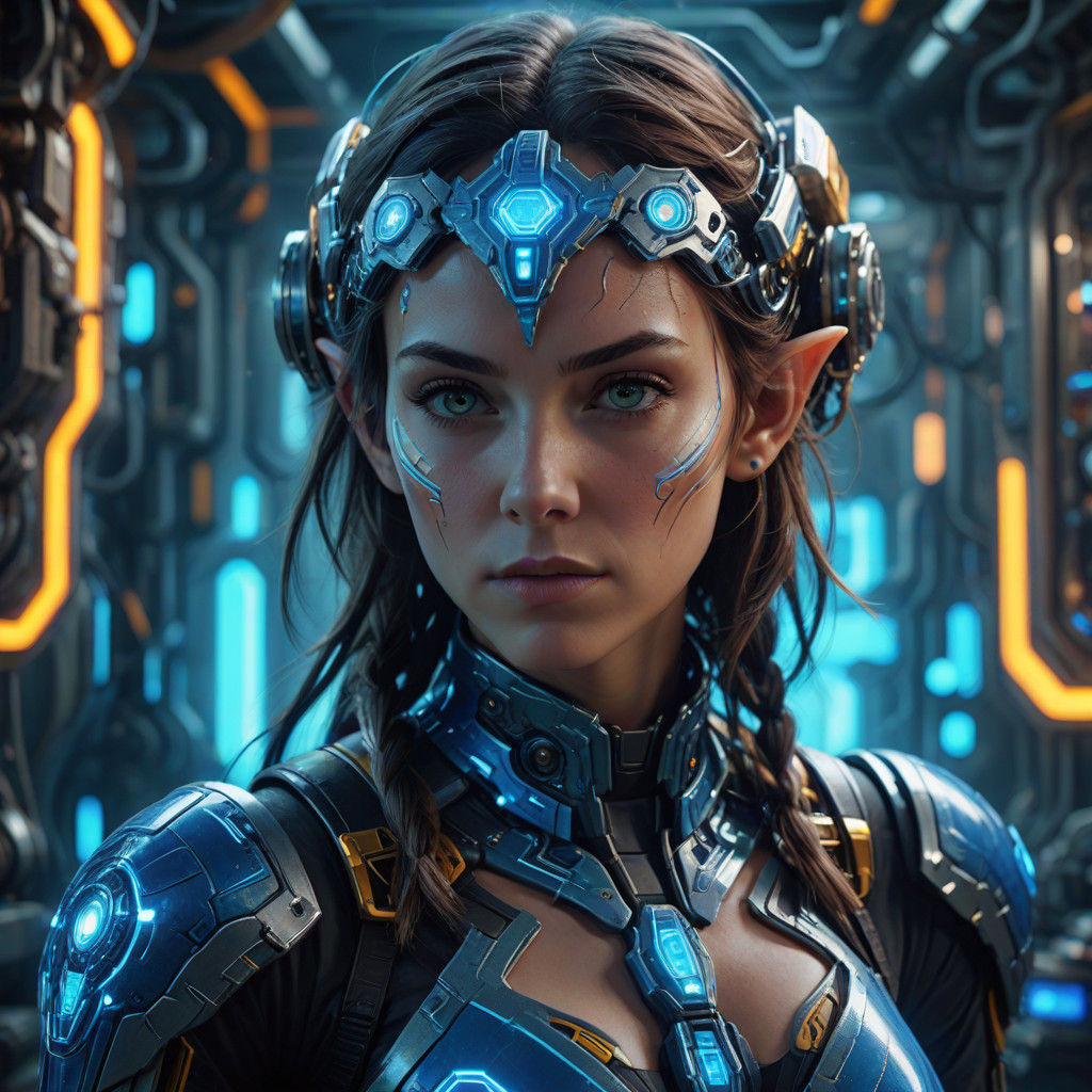 Futuristic Half-elf Artist Constructs Cybernetic Mecha