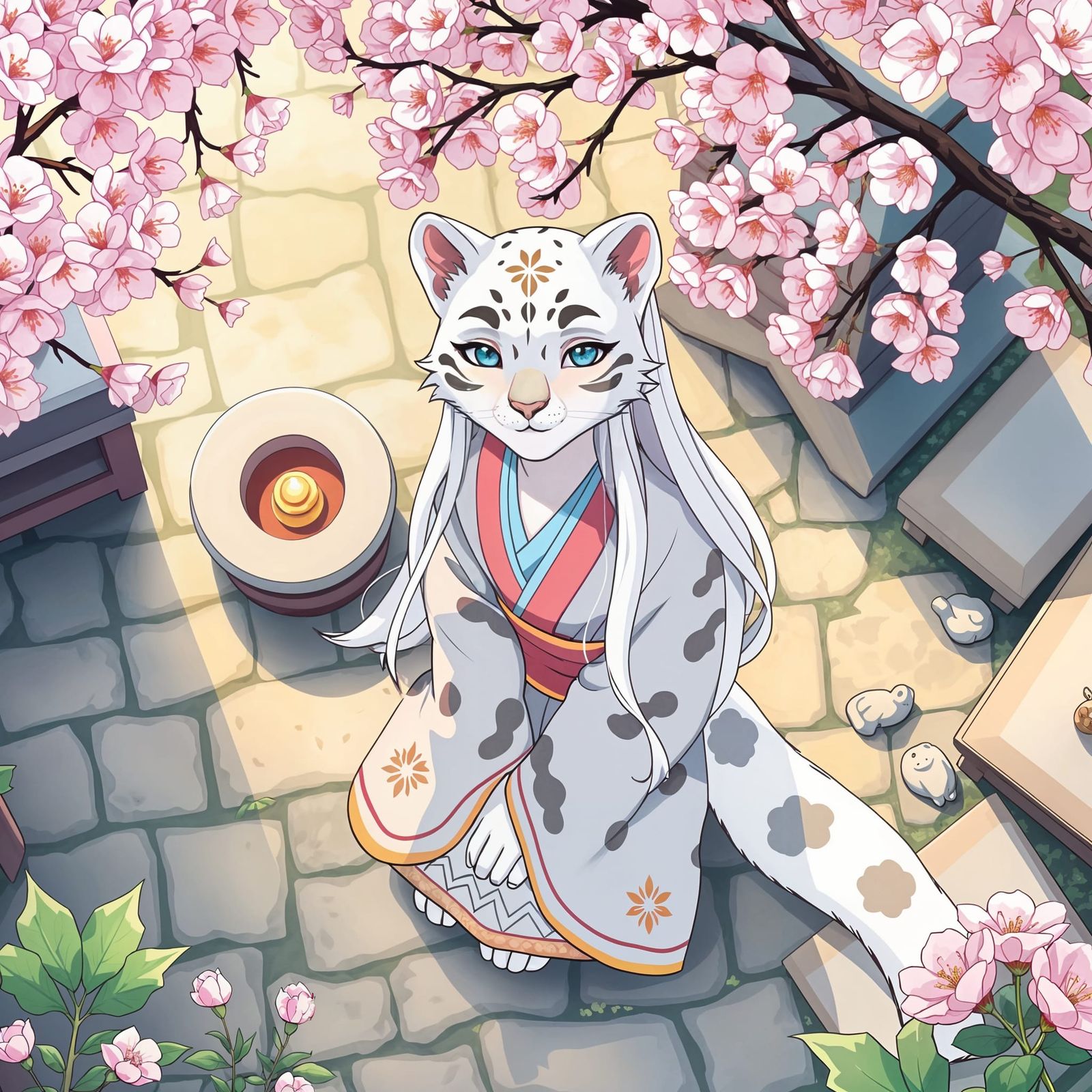 Anime Snow Leopard Girl in Zen Garden