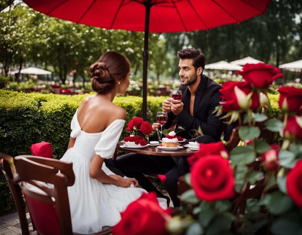 MAN, roses, chocolates looking at his WOMAN with loving eyes ... beautiful scenery of a beautiful romantic outdoors cafe