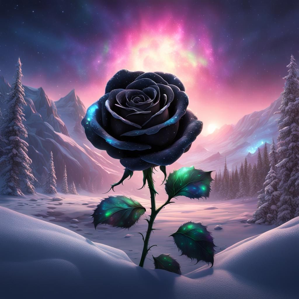 Frozen Black Rose with Northern Lights Background