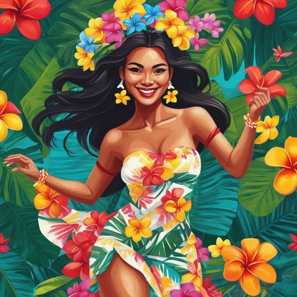 Hawaiian Girl Dancing with Plumeria Flowers