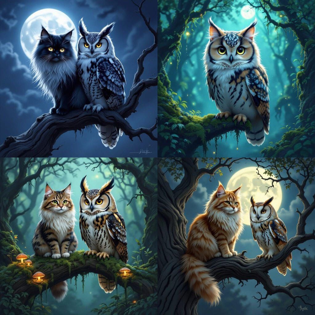 Whimsical Cat Owl Hybrid Creature