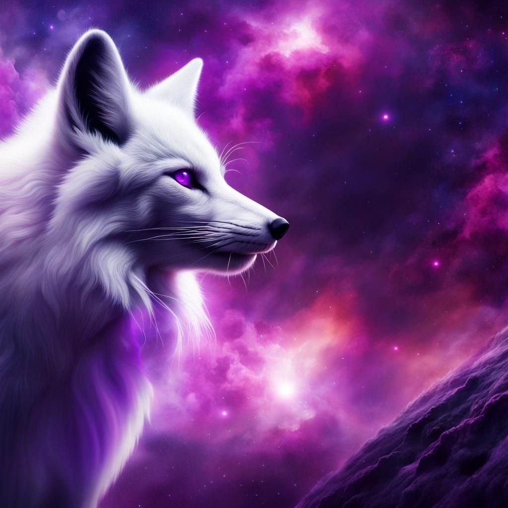 Giant White Fox in Purple Nebula, Digital Painting