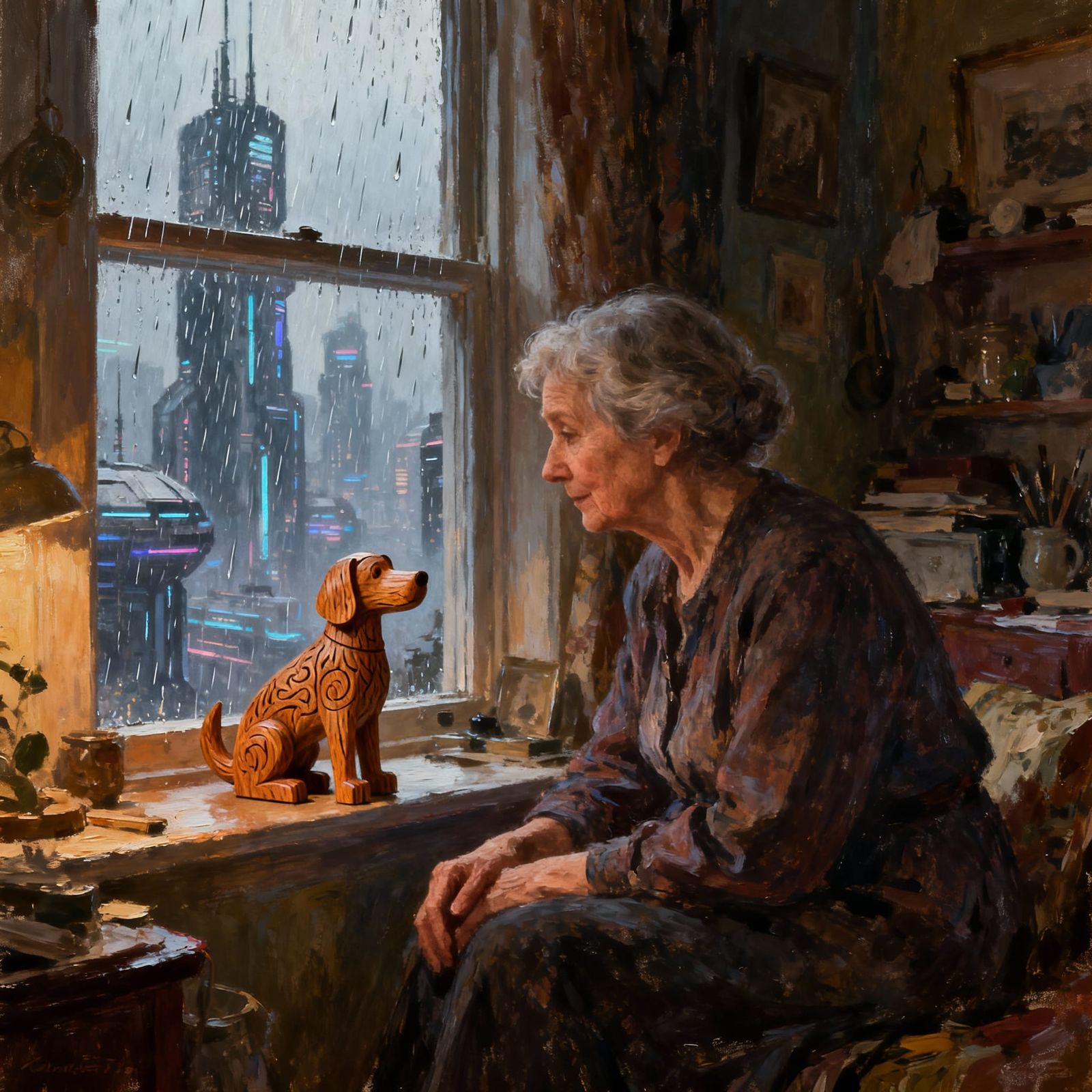 Elderly Woman Reflects on Past in Cozy Room