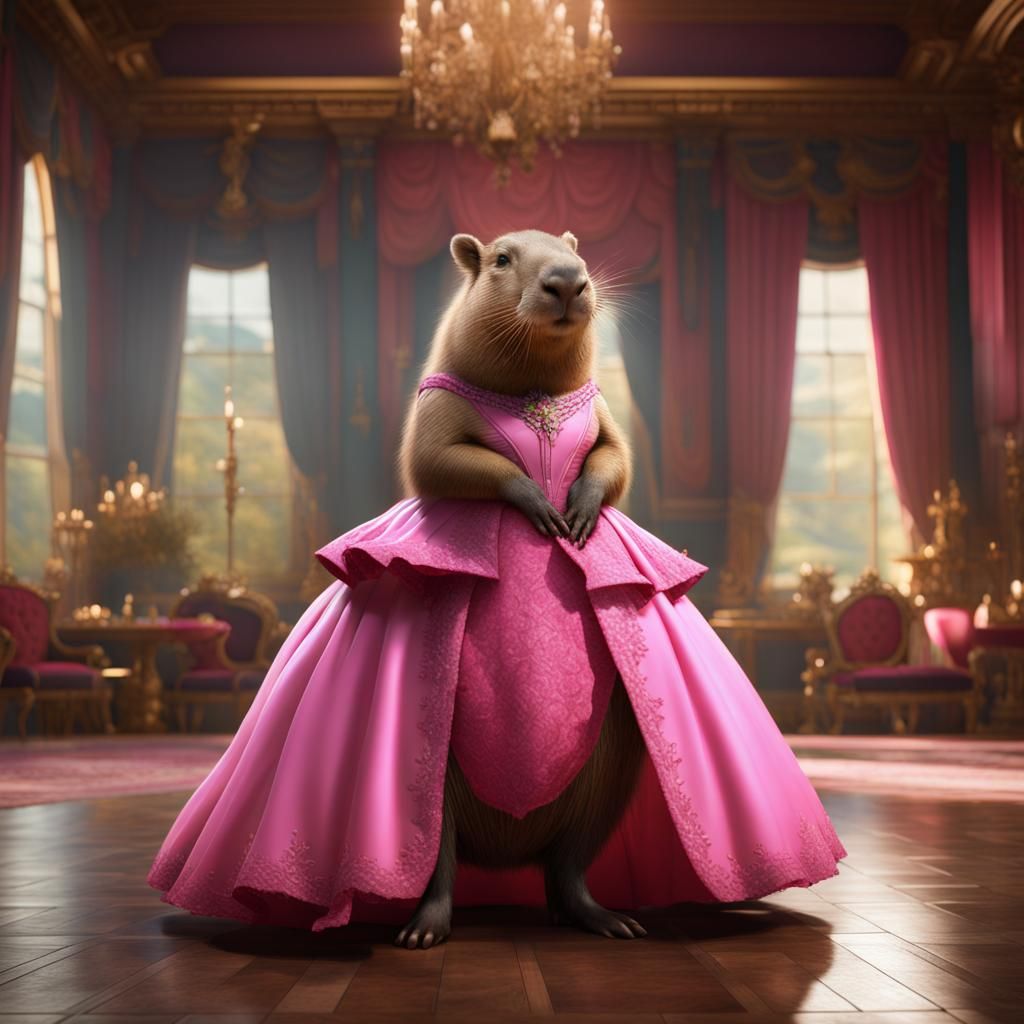 Capybara in Pink Gown, Detailed Matte Painting