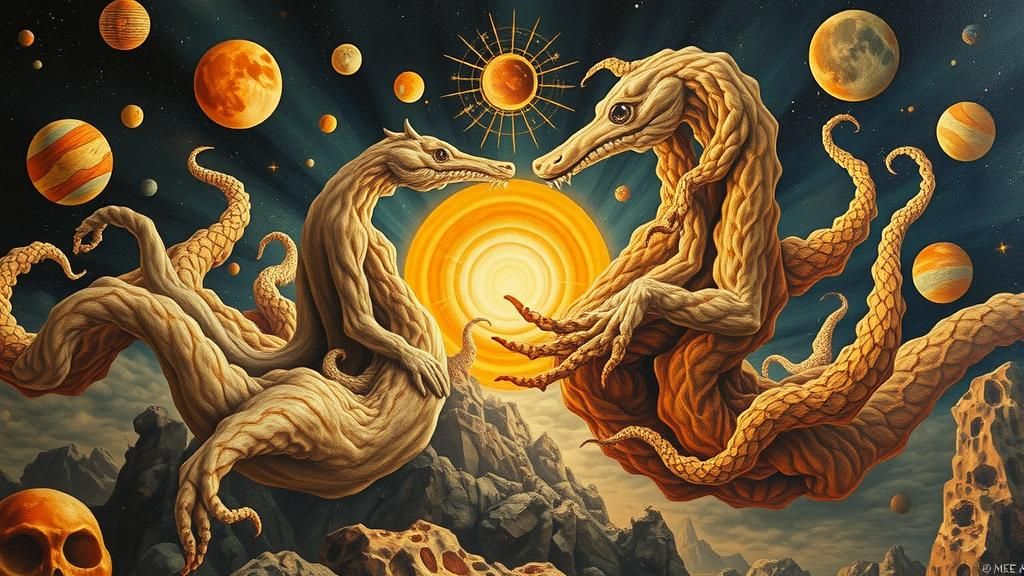 Cosmic Collision: Surreal Biomechanical Universes Converge