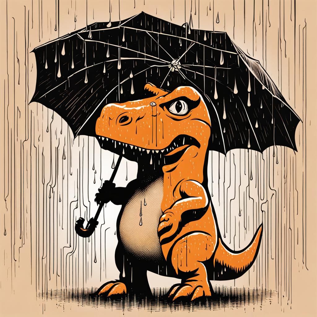 Cartoon T-Rex in Electric Rain: Typographic Art