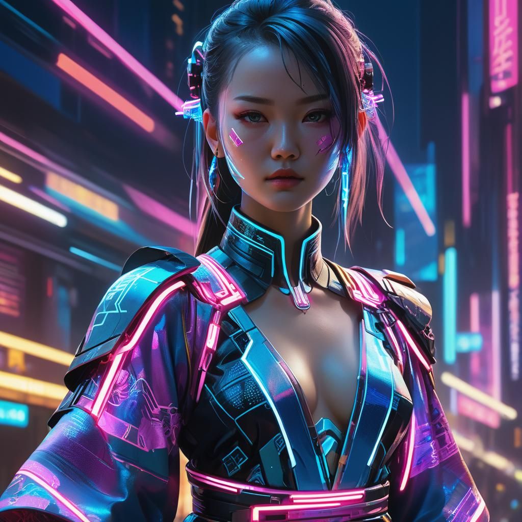 Cyberpunk Hanfu Outfit with Flowing Neon Lights