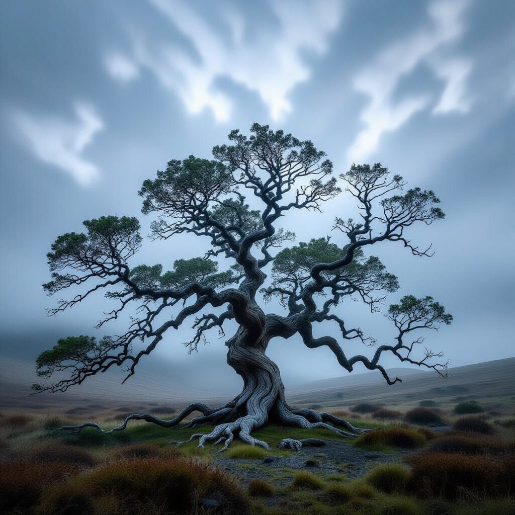 Ancient Tree in Misty Landscape