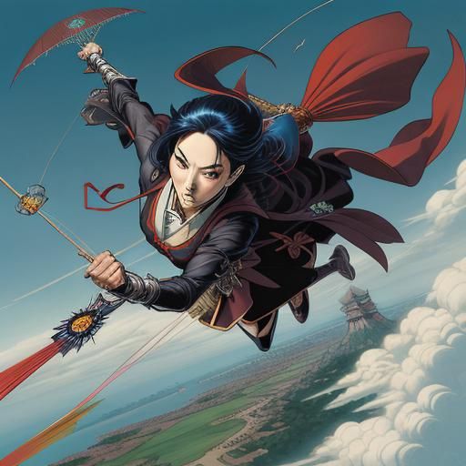 Japanese Gothic Girl Flying Kite, Comic Book Art