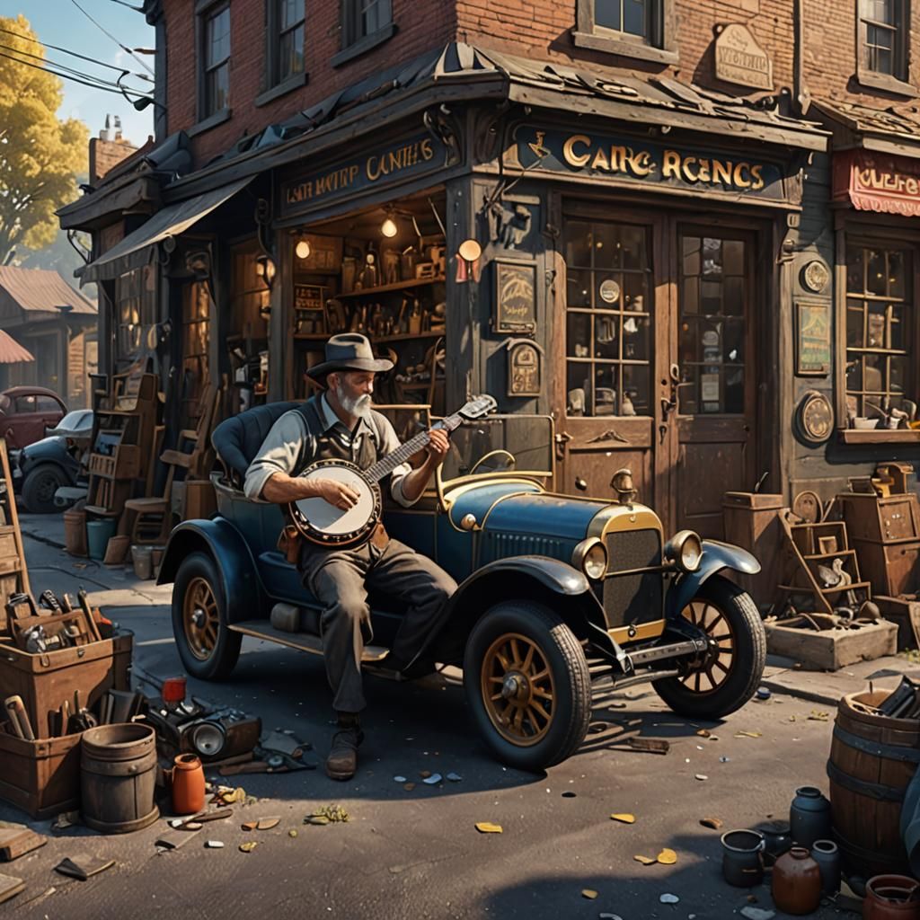 Car Mechanic Plays Banjo: Detailed Matte Painting