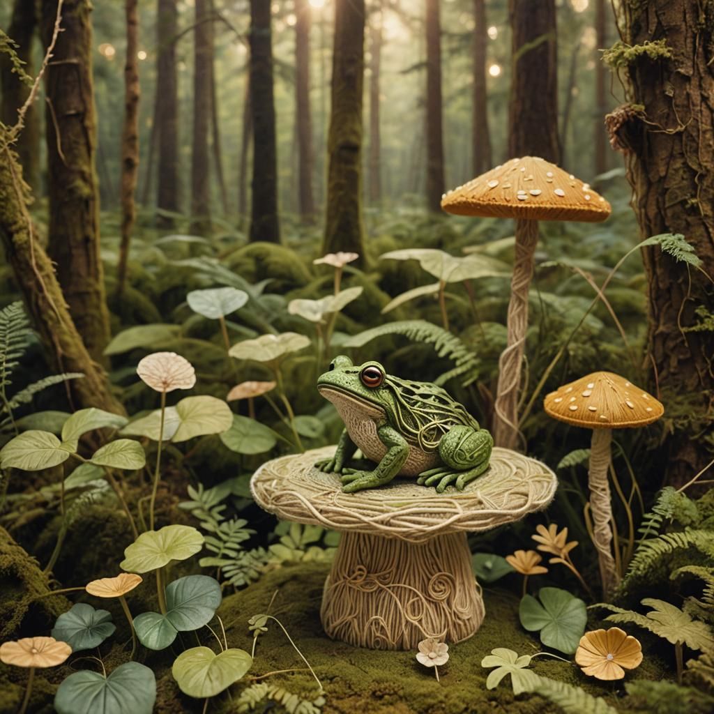 Whimsical Yarn Frog on Toadstool in Folk Art Style
