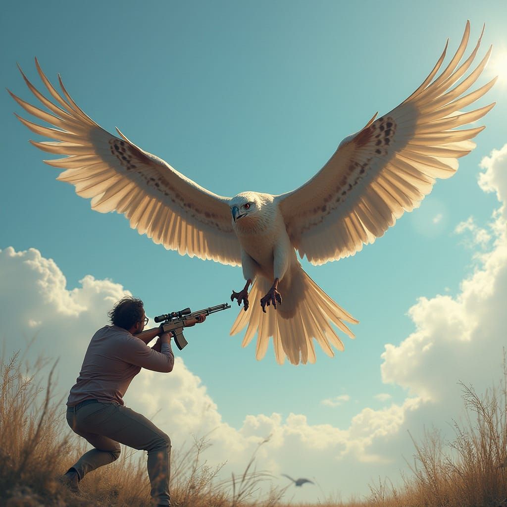 Hunter Aims Rifle at Bird from Horseback