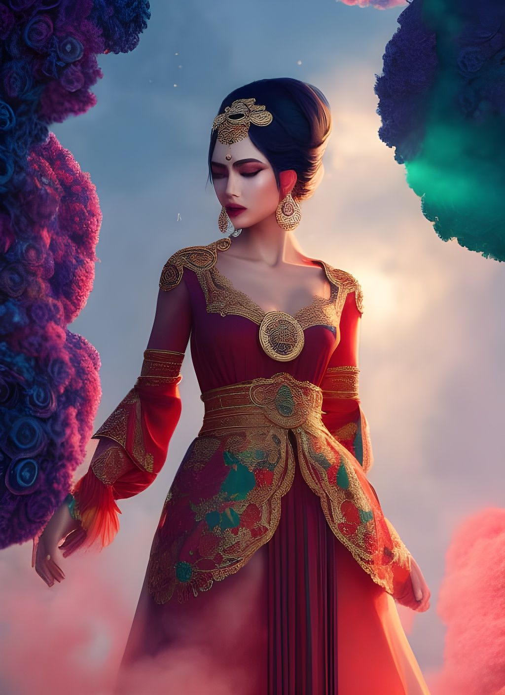 Woman in Mexican Ornaments and Versace Clothes