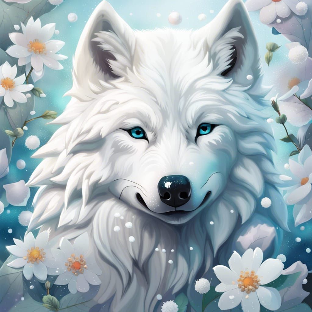 Cute White Wolf Pup in Ice Garden