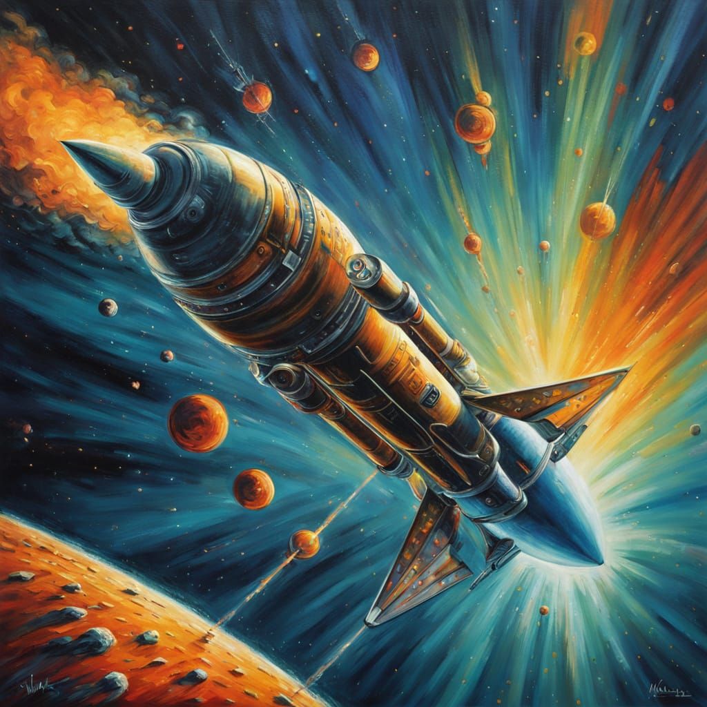 Retro Rocket Hurtles Through Space: Oil Painting