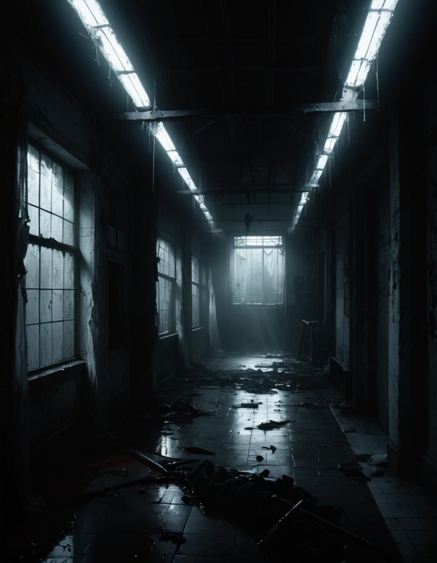 Neonlit Horror: Derelict Slaughterhouse in Shadow